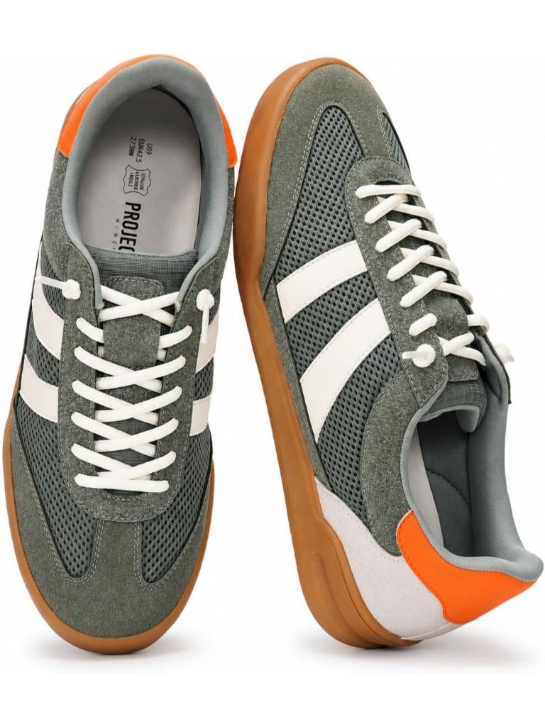 Men's Grey Leather Casual Memory Foam Insole Lightweight Non Slip Sole Sneakers